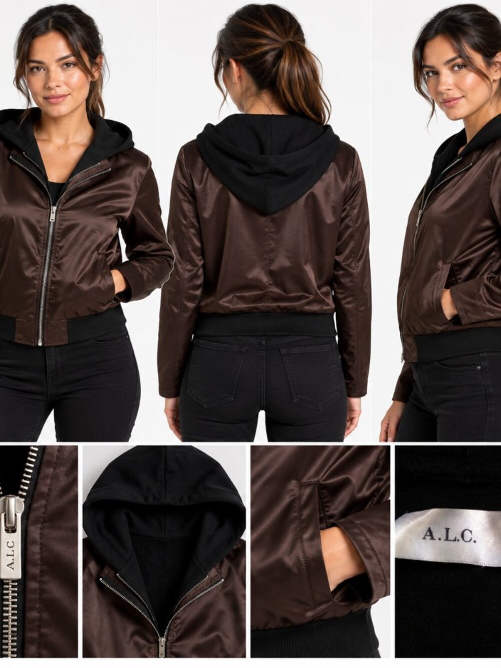 A.L.C. Edison Sz S Brown Satin Hooded Moto Bomber Jacket Streetwear Edgy